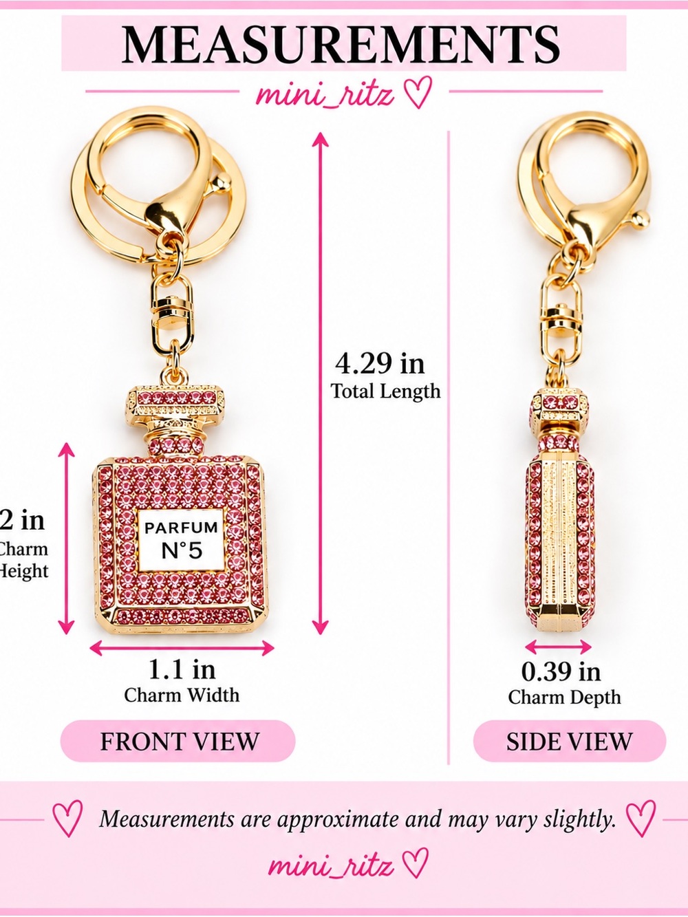 NEW Pink Crystal Perfume Bottle Keychain Bag Charm Gold Tone - Picture 2 of 2